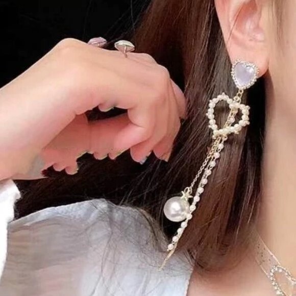 Mismatch Dangle Stud Earrings Hearts Pearl Beads and Pave NEW! 1247K2 - Picture 5 of 7